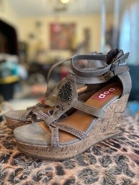 b.o.c. Taupe Braided Cork Wedge Sandals with Decorative Medallion